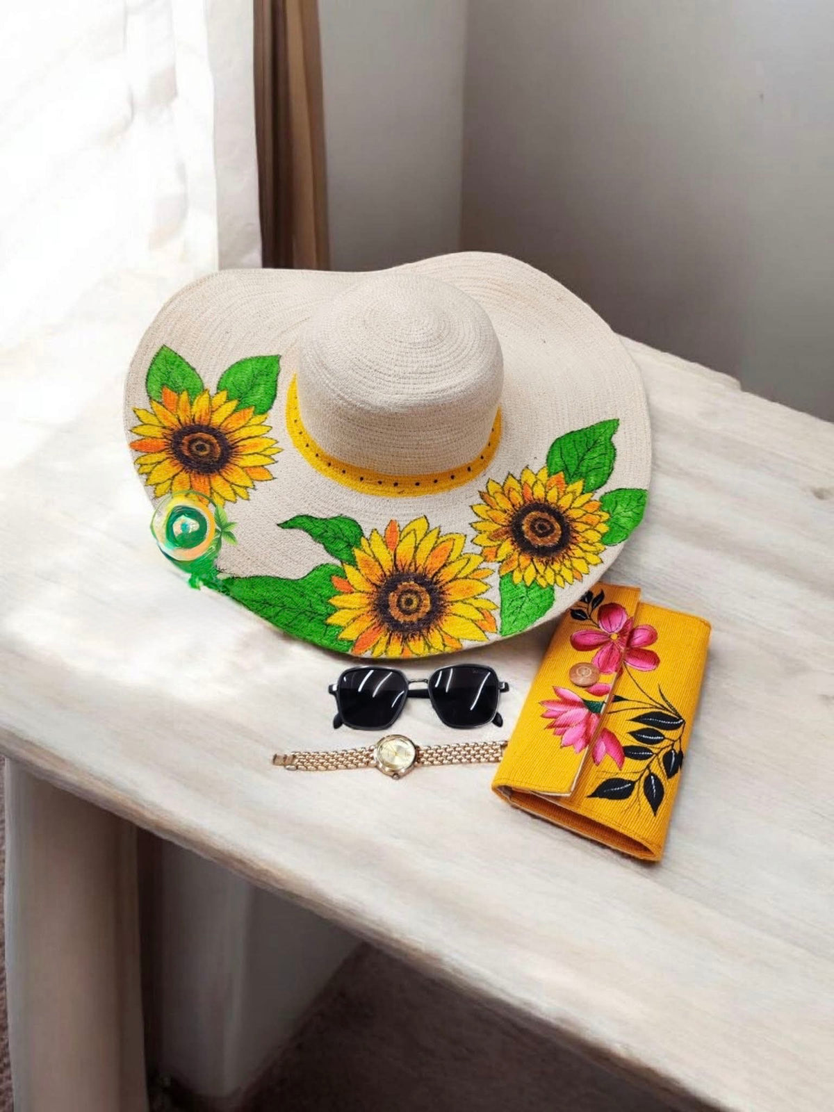 Hand-Painted Sunflower Jute Hat by The Roots of Heritage