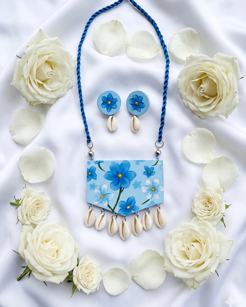 Blue Floral Shell Necklace by The Roots of Heritage