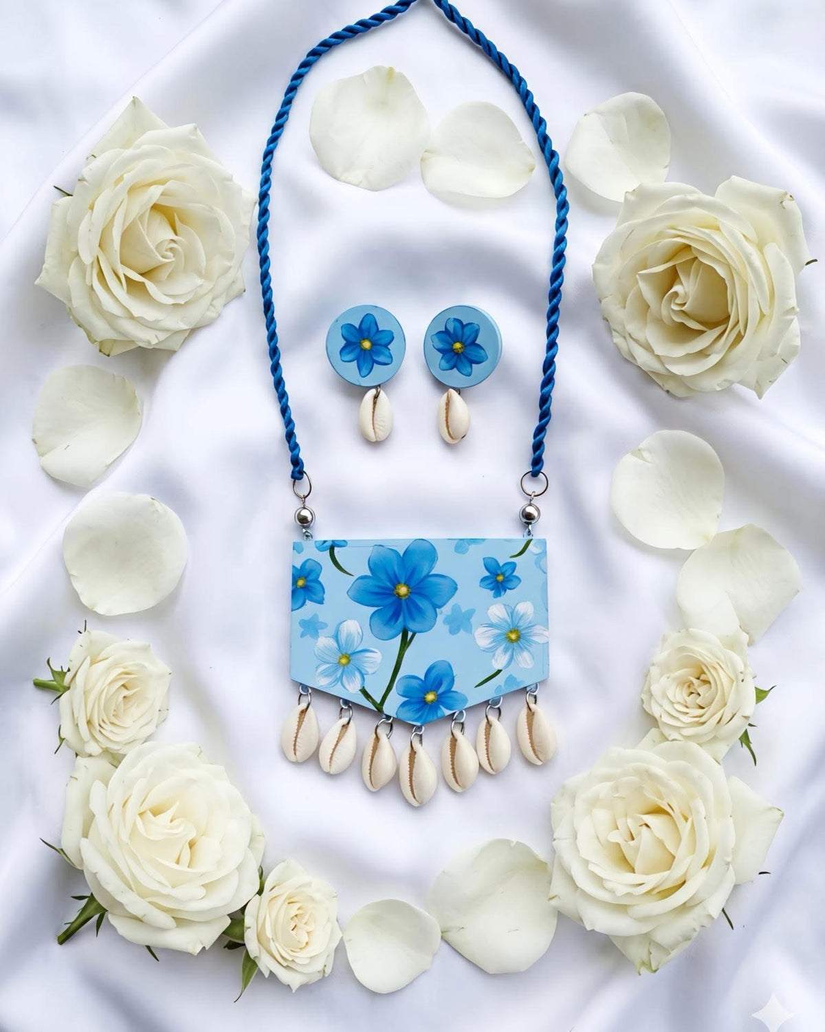 Blue Floral Shell Necklace by The Roots of Heritage