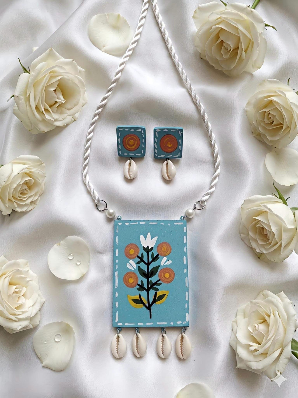Handpainted Floral Shell Pendant Set by The Roots of Heritage
