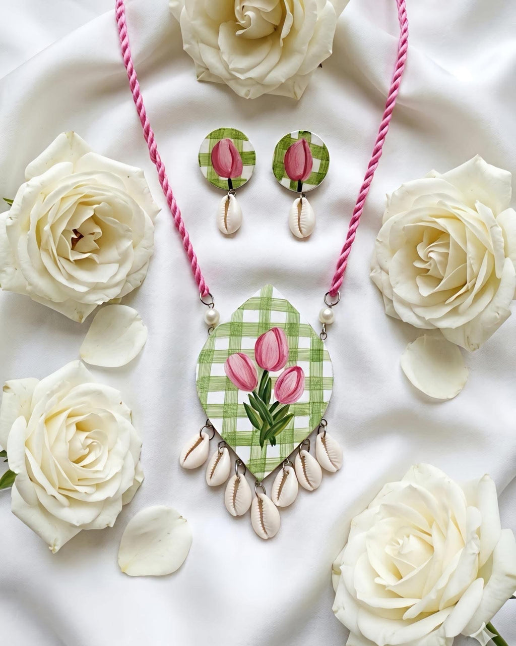 Handpainted Floral Shell Pendant Set by The Roots of Heritage (2)