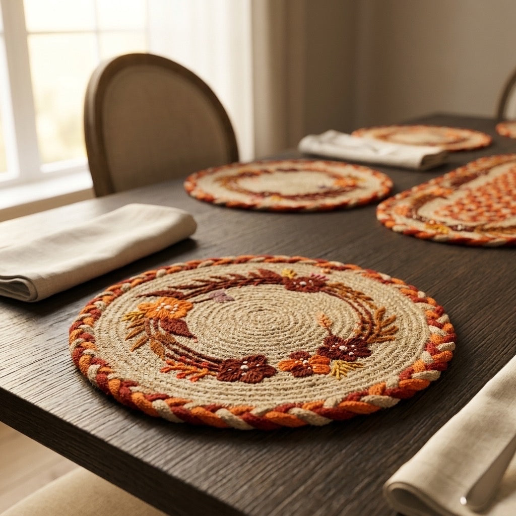 Handwoven Floral Jute Table Mats by The Roots of Heritage