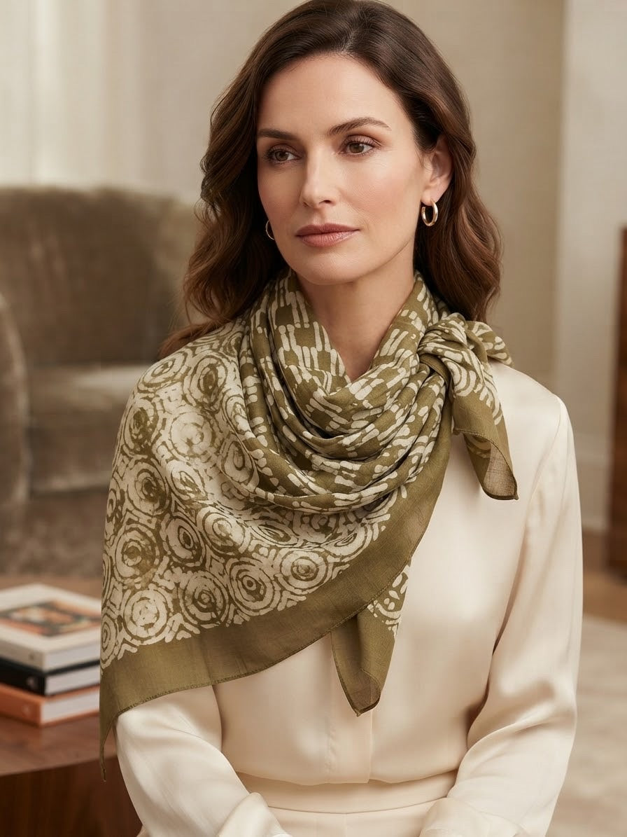 Heritage Olive Print Silk Scarf by The Roots of Heritage