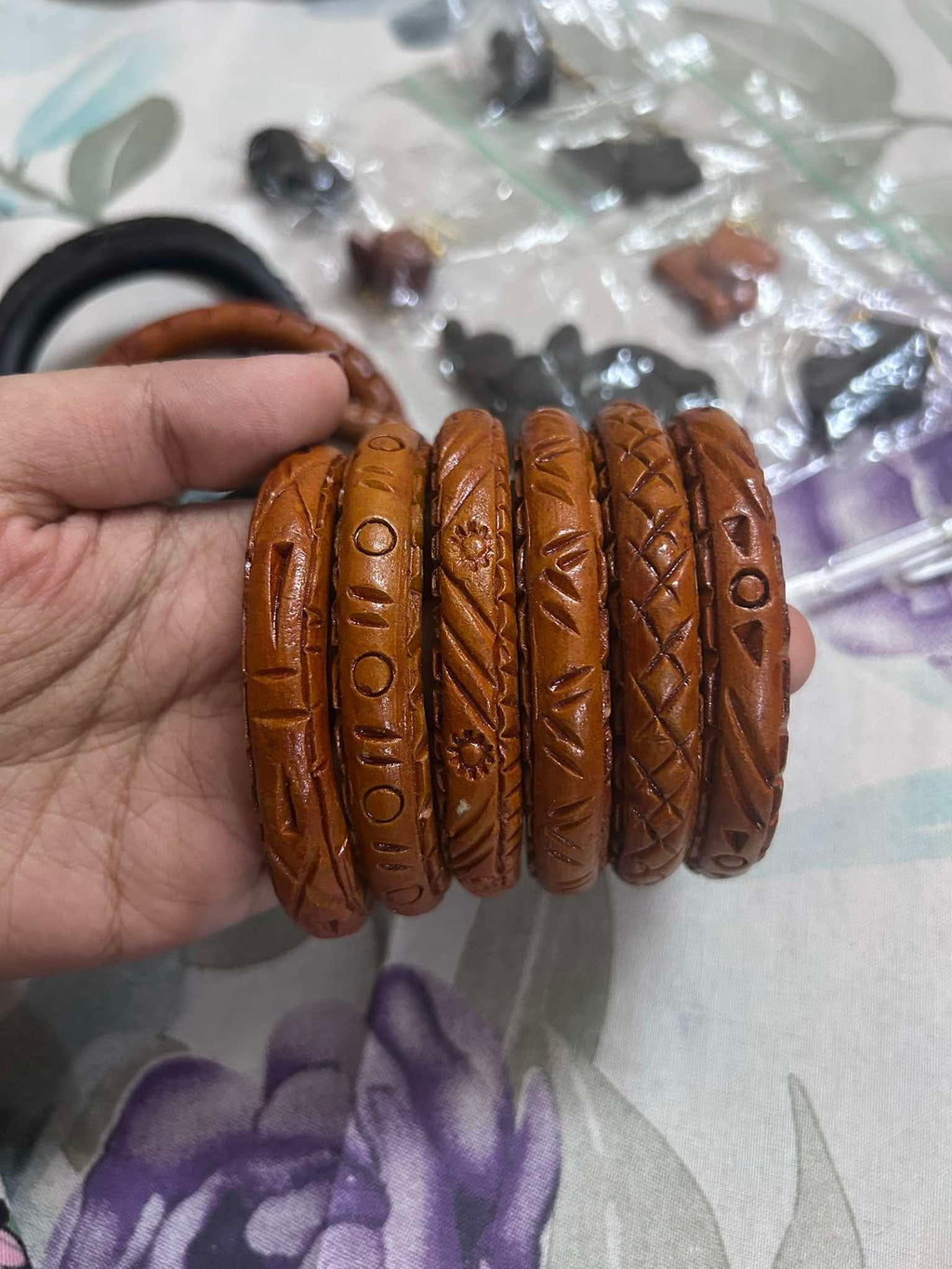 Bangladesh Carved Wood Bangle Set by The Roots of Heritage