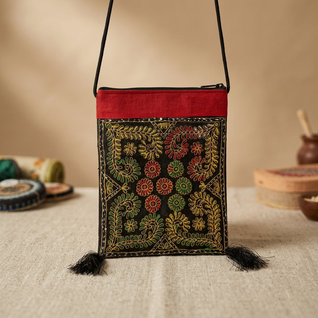 Hand-Embroidered Jute Sling Pouch by The Roots of Heritage