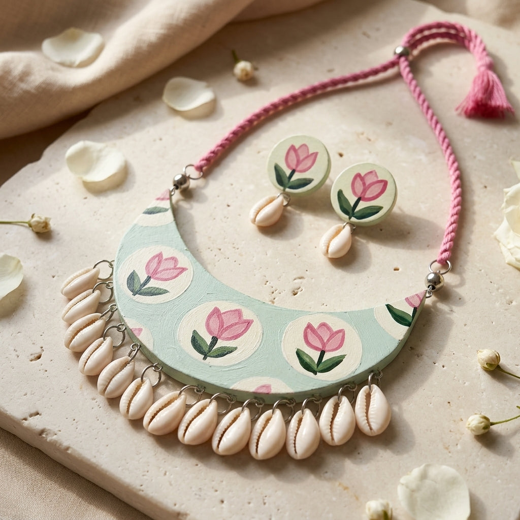 Hand-Painted Floral Shell Necklace by The Roots of Heritage (3)