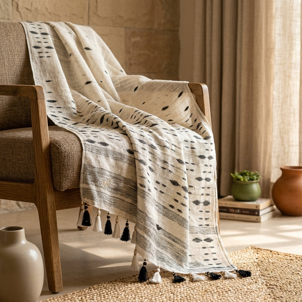 Handwoven White & Charcoal Tassel Throw by The Roots of Heritage (4)