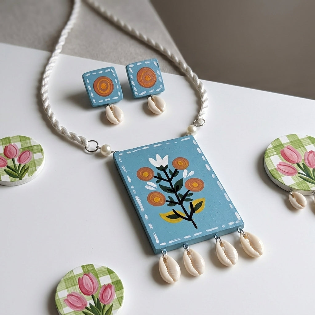 Handpainted Floral Shell Pendant Set by The Roots of Heritage (4)