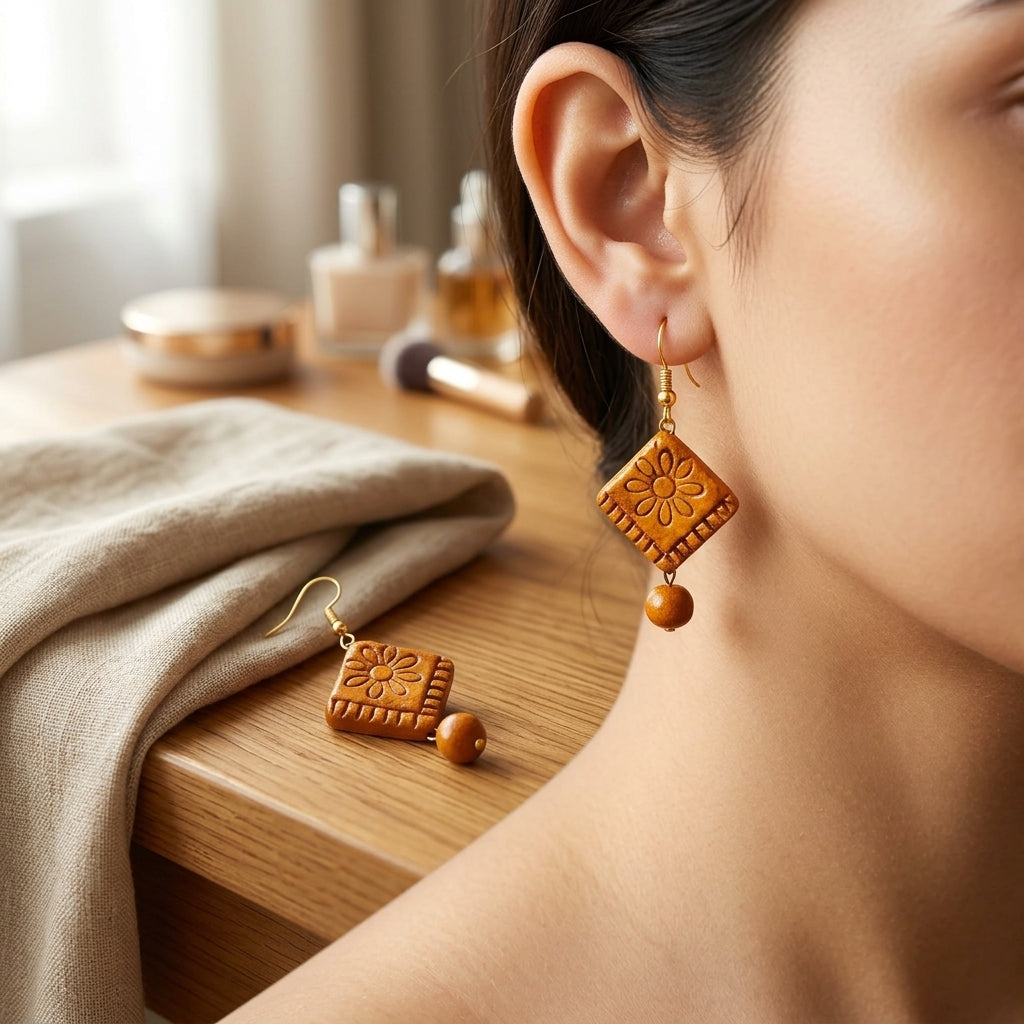 Sunflower Carved Artisan Earrings by The Roots of Heritage (3)