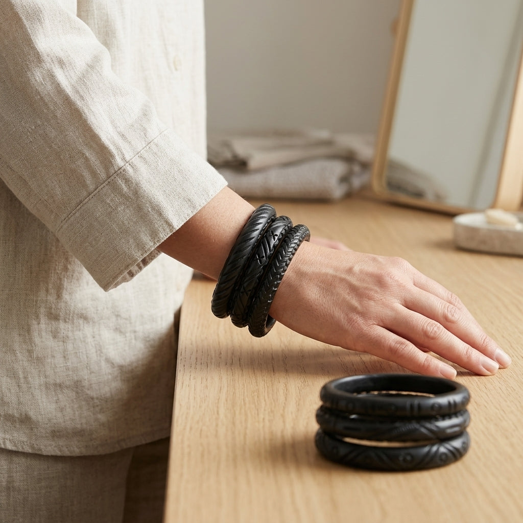 Bangladesh Carved Black Statement Bangle Set by The Roots of Heritage (4)