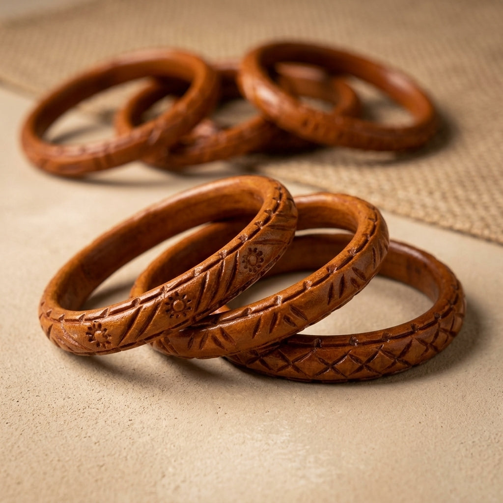 Bangladesh Carved Wood Bangle Set by The Roots of Heritage (3)