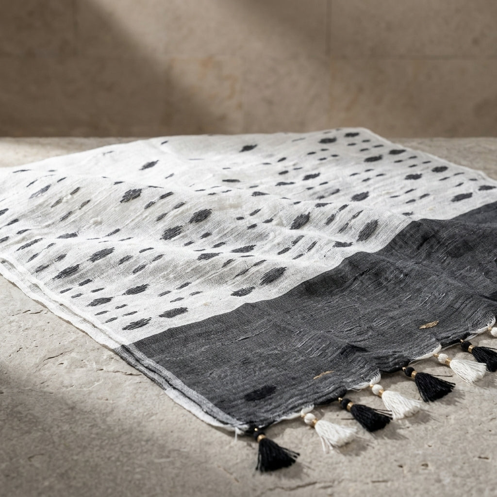 Handwoven White & Charcoal Tassel Throw by The Roots of Heritage (3)