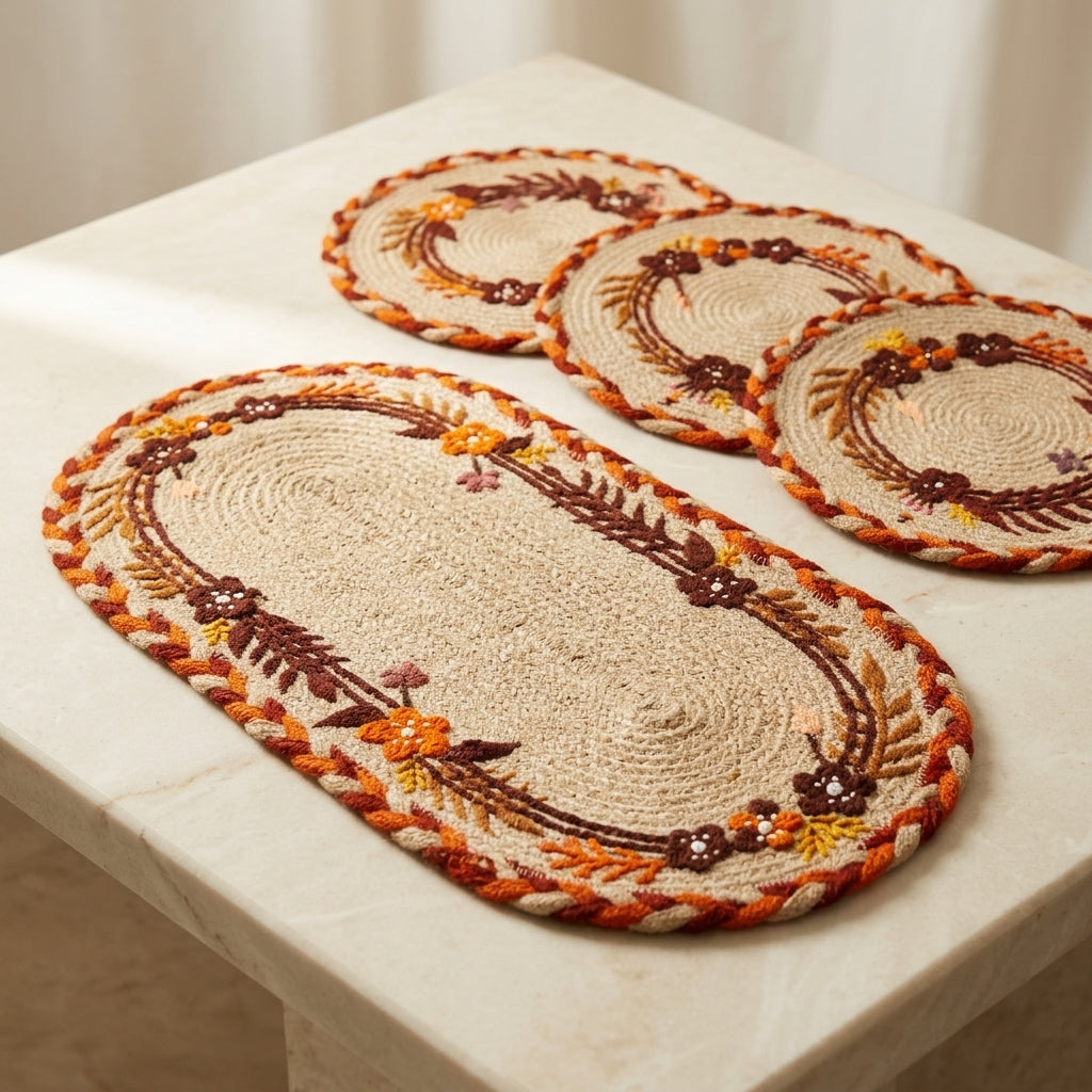 Handwoven Floral Jute Mat Set by The Roots of Heritage (2)