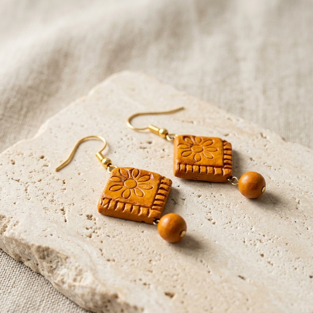 Sunflower Carved Artisan Earrings by The Roots of Heritage