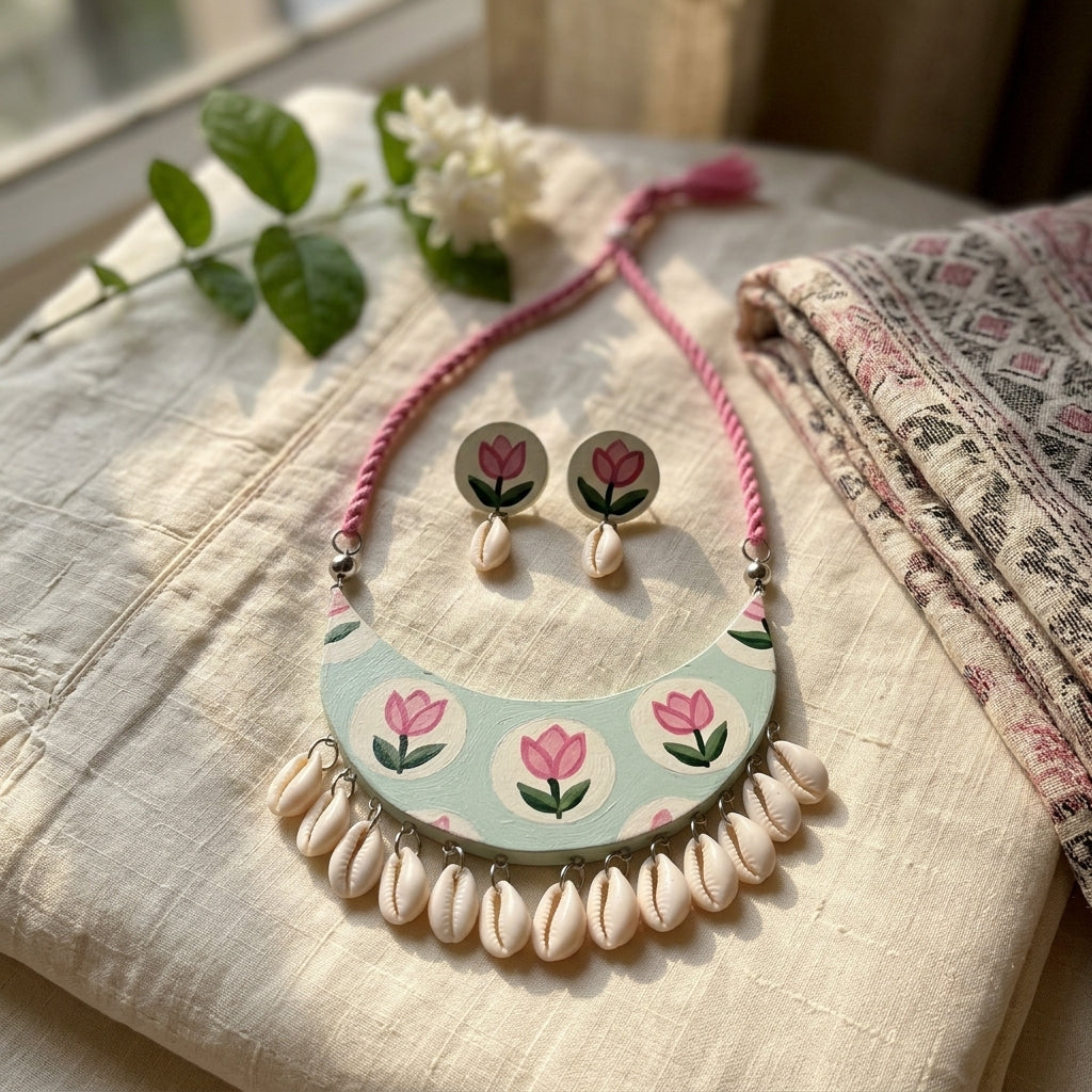 Hand-Painted Floral Shell Necklace by The Roots of Heritage (4)