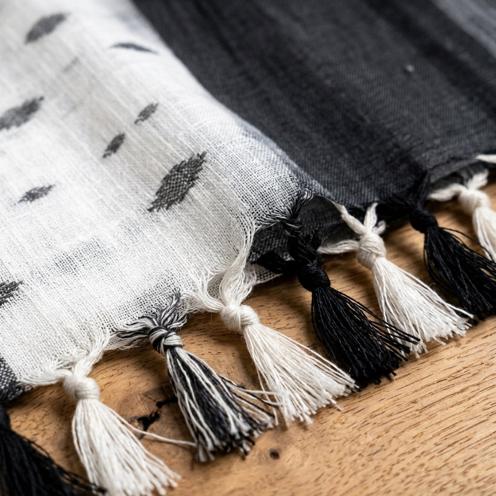 Handwoven White & Charcoal Tassel Throw by The Roots of Heritage (5)