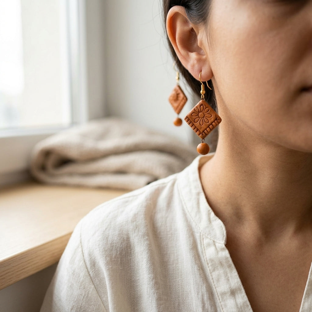 Bangla Clay Motif Dangle Earrings by The Roots of Heritage (8)