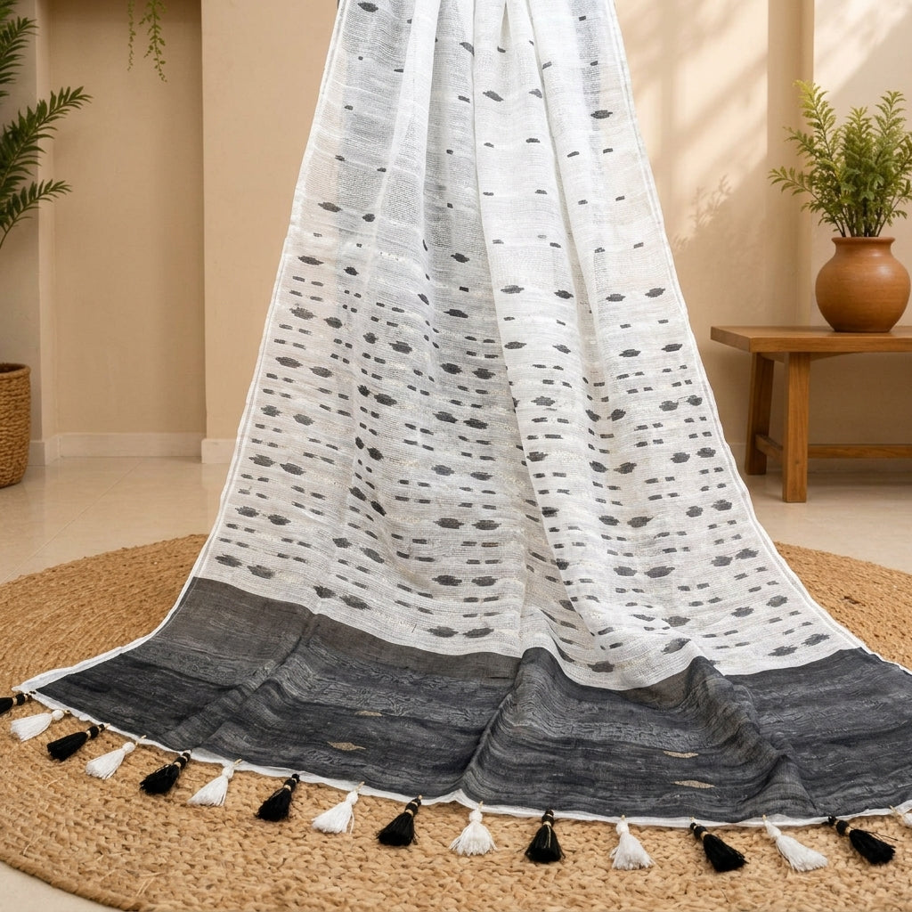 Handwoven White & Charcoal Tassel Throw by The Roots of Heritage (2)