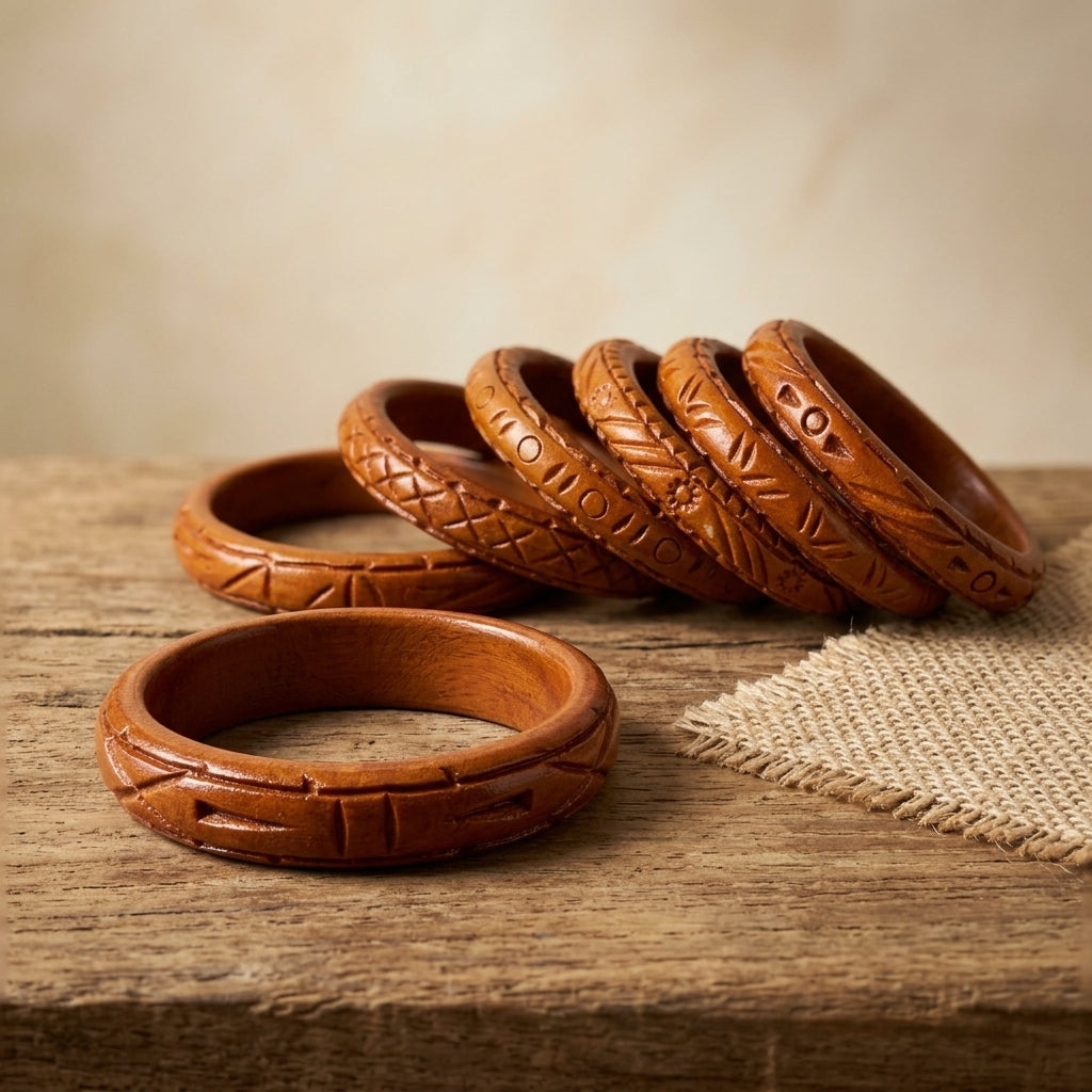 Bangladesh Carved Wood Bangle Set by The Roots of Heritage (5)