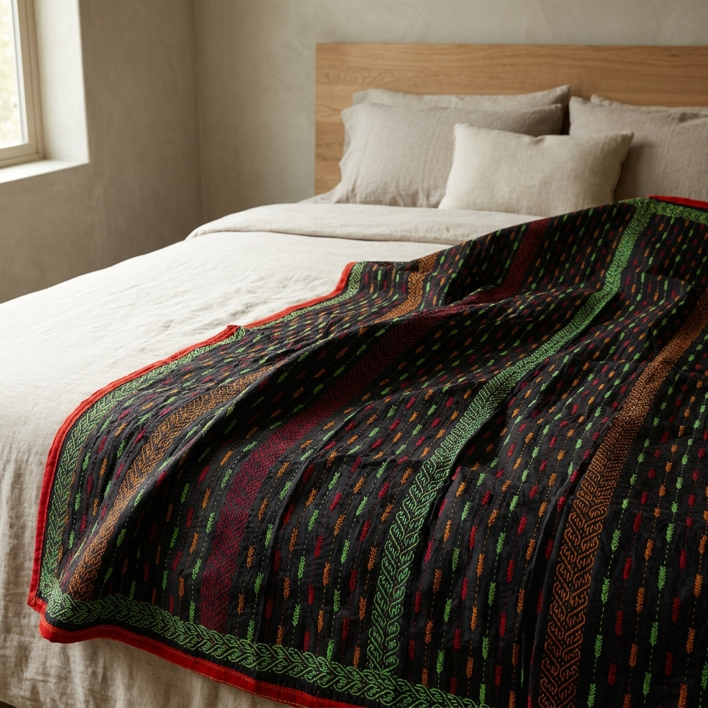 Handcrafted Kantha Bed Quilt by The Roots of Heritage
