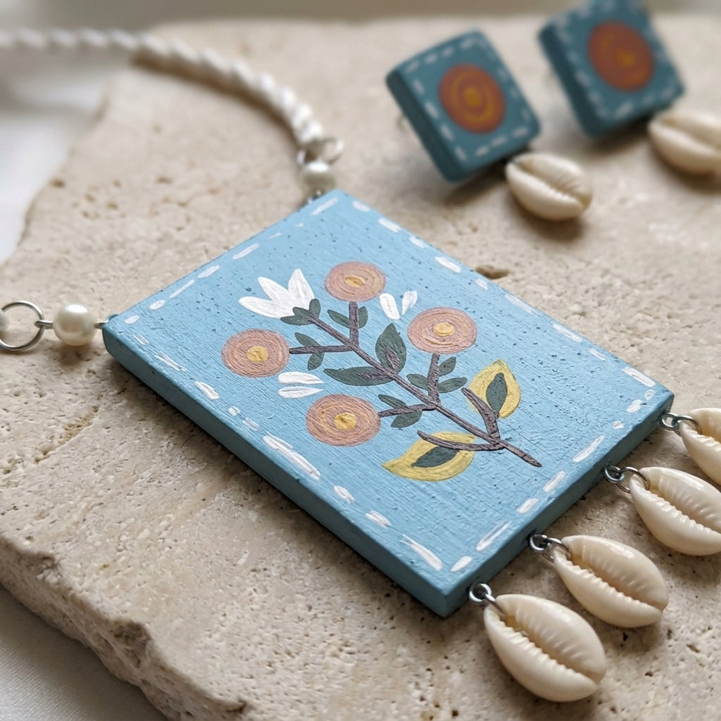 Handpainted Floral Shell Pendant Set by The Roots of Heritage (6)