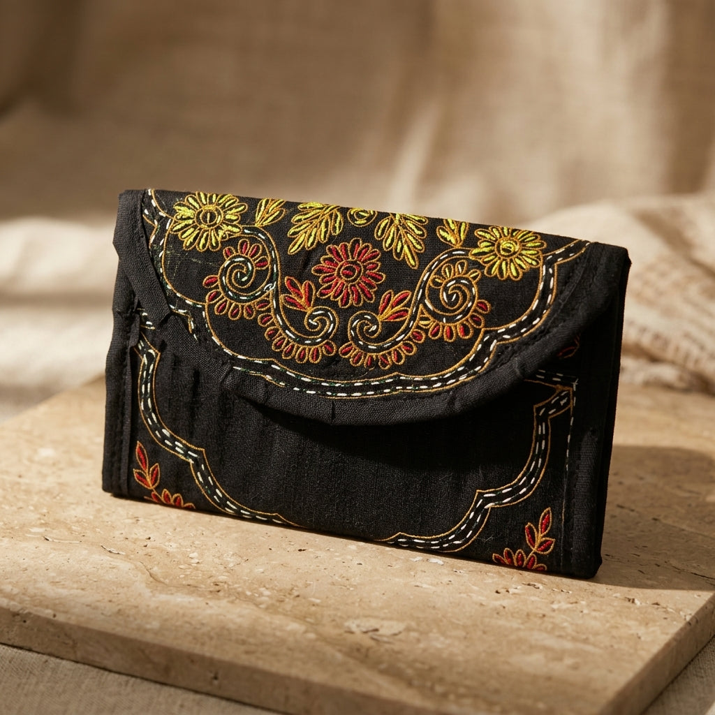 Hand-Embroidered Jute Envelope Clutch by The Roots of Heritage